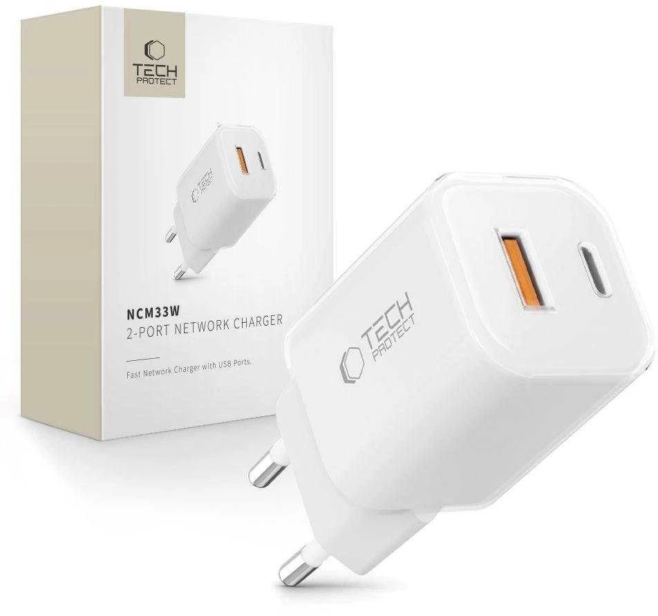 „Tech-Protect NCM33W“ 2 prievadų PD33W/QC3.0 sieninis įkroviklis - baltas