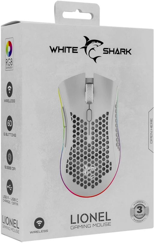 White Shark Baltas Shark Baltas Shark belaidė žaidimų pelė LIONEL, 6D, 10 000 dpi, baltos spalvos
