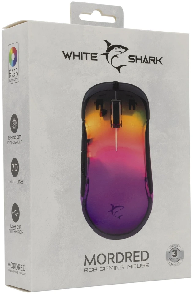 White Shark Baltas Shark Baltas Shark Pelė žaidimams MORDRED, RGB, 12800 dpi, Juodas (GM-5017)