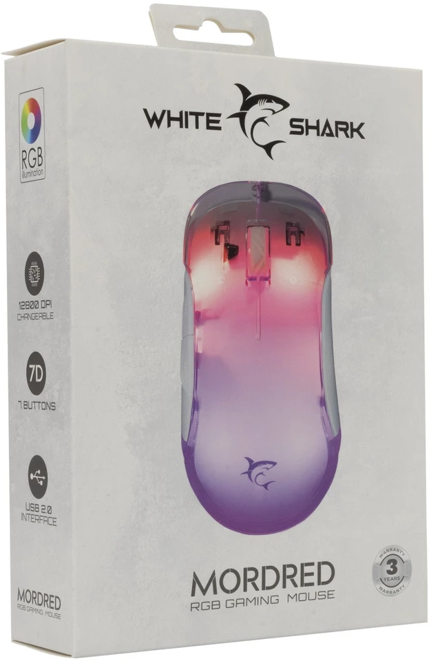 White Shark Pelė žaidimams Baltas Shark Mordred balta RGB 12800 dpi