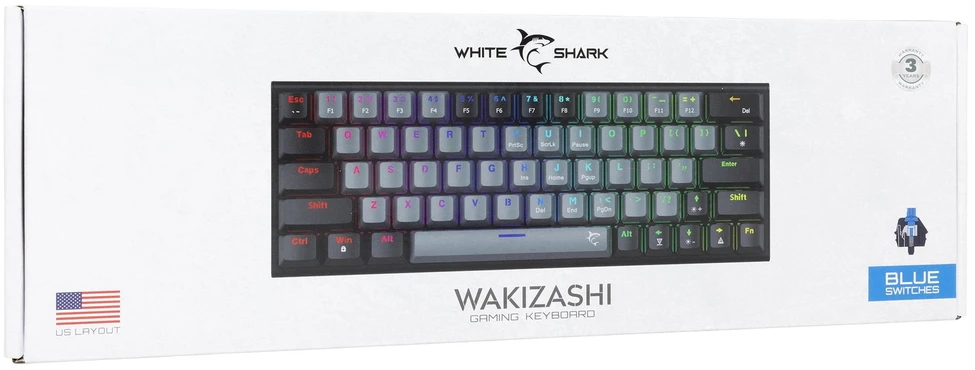White Shark Baltas Shark Baltas Shark klaviatūra WAKIZASHI-2, mechaninė / US išdėstymas – Mėlynas SW, pilkos spalvos/juodos spalvos (GK-002721V2)
