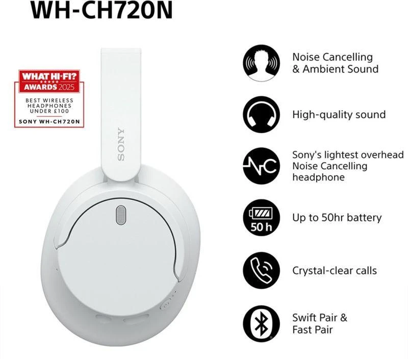 Sony WH-CH720NW belaidės ausinės, Baltos spalvos