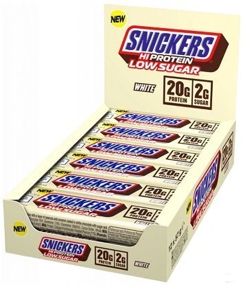 Baltyminis batonėlis Snickers Baltas Low Sugar High Protein 12 × 57 g, baltojo šokolado skonio