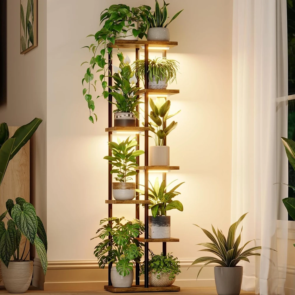 Bamworld 7 lygių metalinis augalų stovas su LED apšvietimu ir medinėmis lentynomis TM02-6T-BR