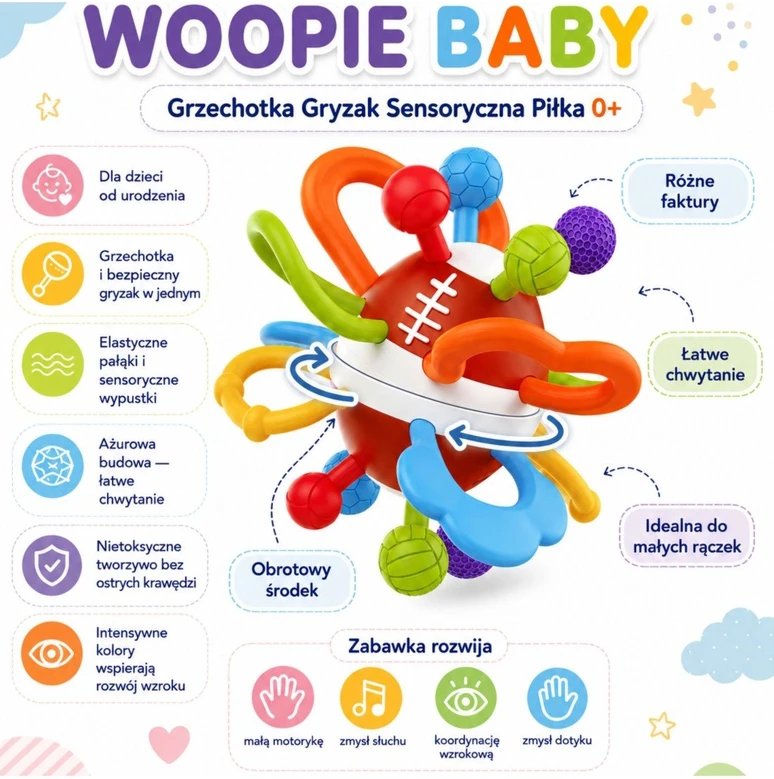 Woopie Baby WOOPIE sensorinis barškutis kramtukas kūdikiams švelnus