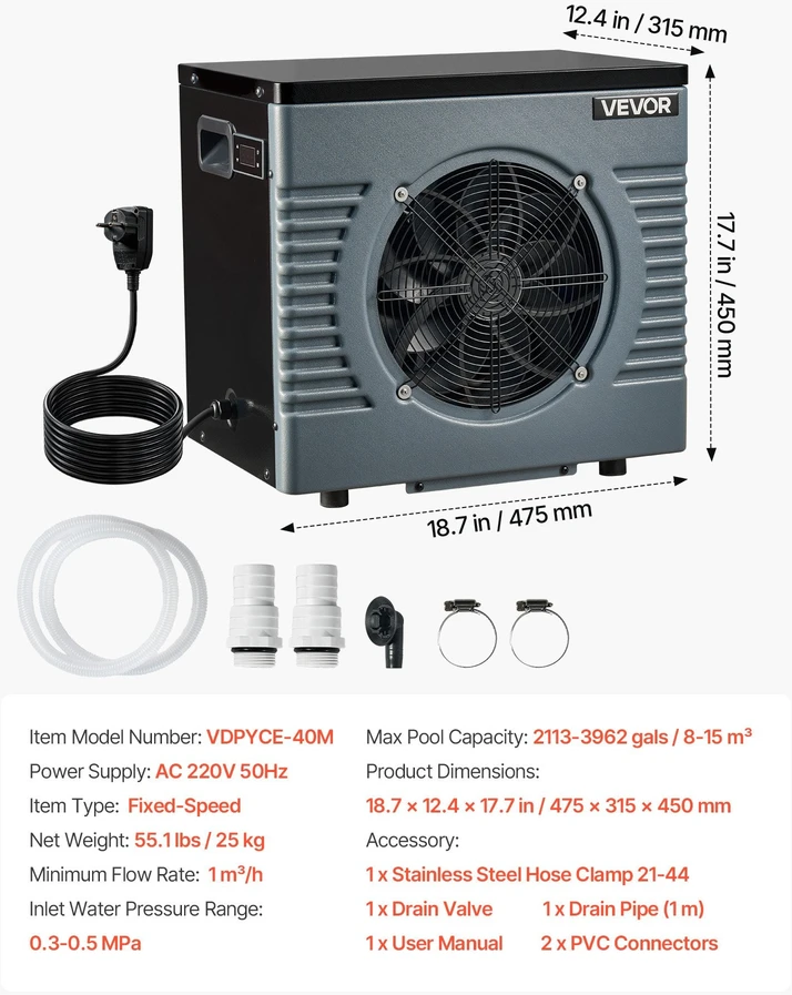 VEVOR 4160 W šilumos siurblys baseinui su elektriniu šildytuvu