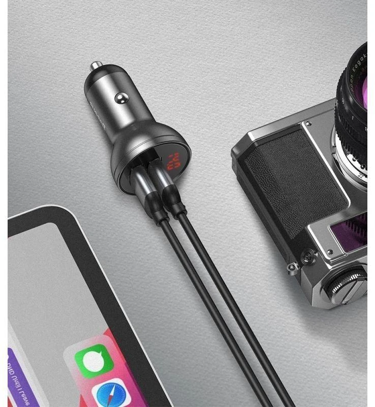 Baseus automobilinis įkroviklis 24W su 3-in-1 USB kabeliu 1.2m