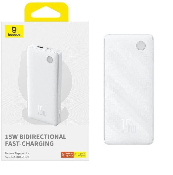 LiPo išorinis akumuliatorius (PowerBank) 10000mAh 15W USB + USB-C Airpow Lite baltas BASEUS