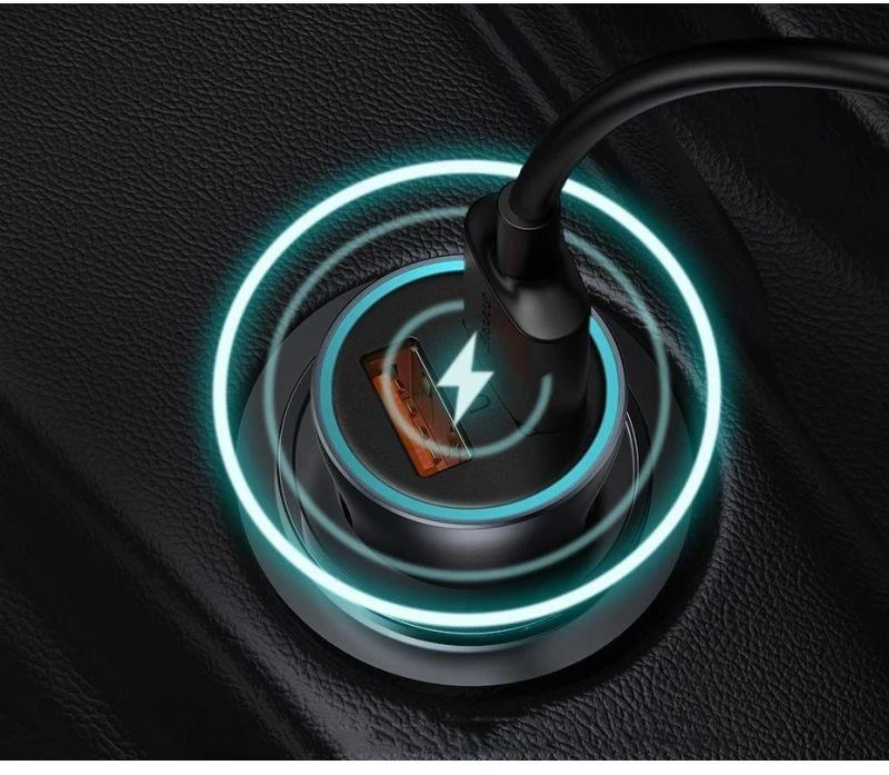 Automobilinis įkroviklis Baseus Golden Contactor Pro, USB + USB-C, QC4.0 +, PD, SCP, 40W (mėlynas) + USB-C - žaibo laidas 1m (mėlynas)