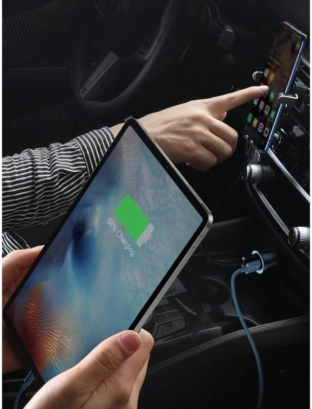 Automobilinis įkroviklis Baseus Golden Contactor Pro, USB + USB-C, QC4.0 +, PD, SCP, 40W (mėlynas) + USB-C - žaibo laidas 1m (mėlynas)