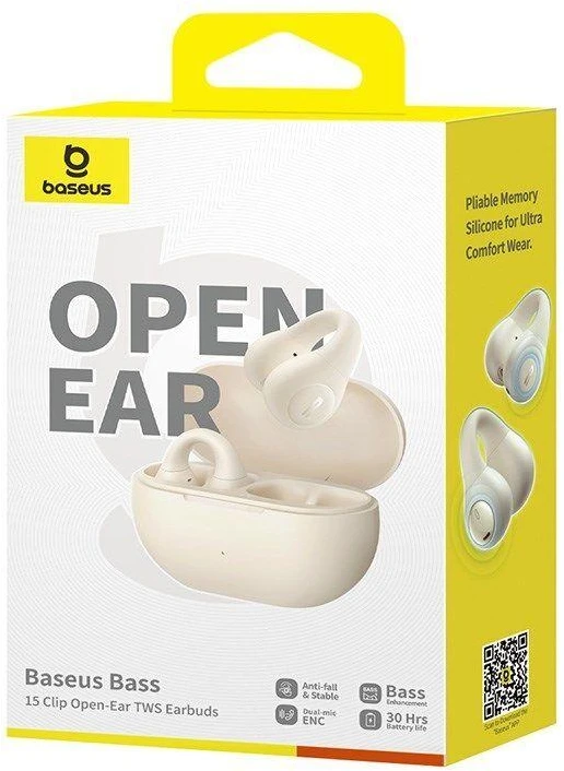 Ausinės Baseus Bass 15 Clip OWS belaidės su kablem Baseus Simple USB-C 3A 30cm - balta