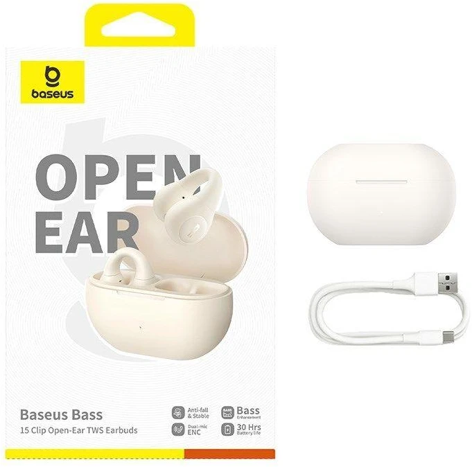 Ausinės Baseus Bass 15 Clip OWS belaidės su kablem Baseus Simple USB-C 3A 30cm - balta