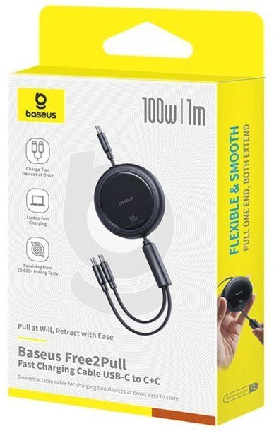 BASEUS retractable kabelis 2in1 Type C į 2 x Type C 100W 1 m juodos spalvos