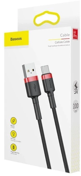 Ausinės Baseus Cafule USB-A / USB-C QC 3.0 3A kabelis 1 m - Juodas ir raudonas