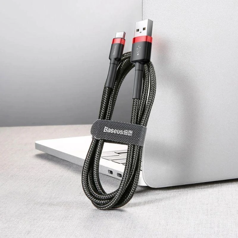 Ausinės Baseus Cafule USB-A / USB-C QC 3.0 3A kabelis 1 m - Juodas ir raudonas
