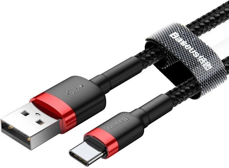 Ausinės Baseus Cafule USB-A / USB-C QC 3.0 3A kabelis 1 m - Juodas ir raudonas
