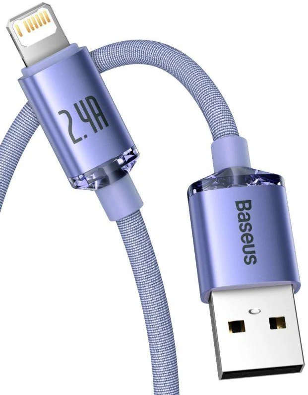 Ausinės Baseus Crystal Shine serijos USB laidas greitam įkrovimui ir duomenų perdavimui, USB A tipo - Lightning, 2.4A, 1.2m, violetinis (CAJY000005)