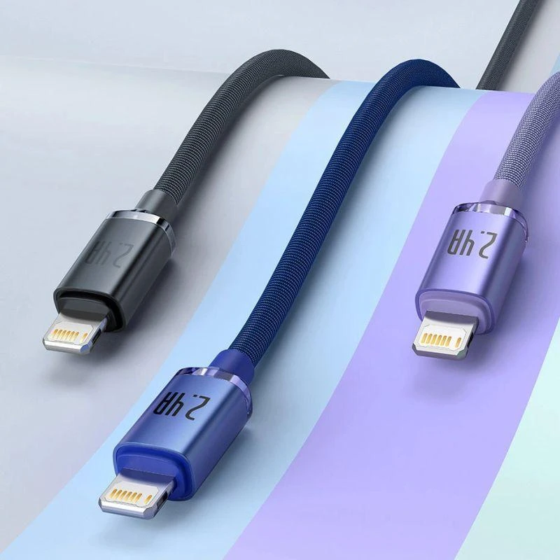 Ausinės Baseus Crystal Shine serijos USB laidas greitam įkrovimui ir duomenų perdavimui, USB A tipo - Lightning, 2.4A, 1.2m, violetinis (CAJY000005)