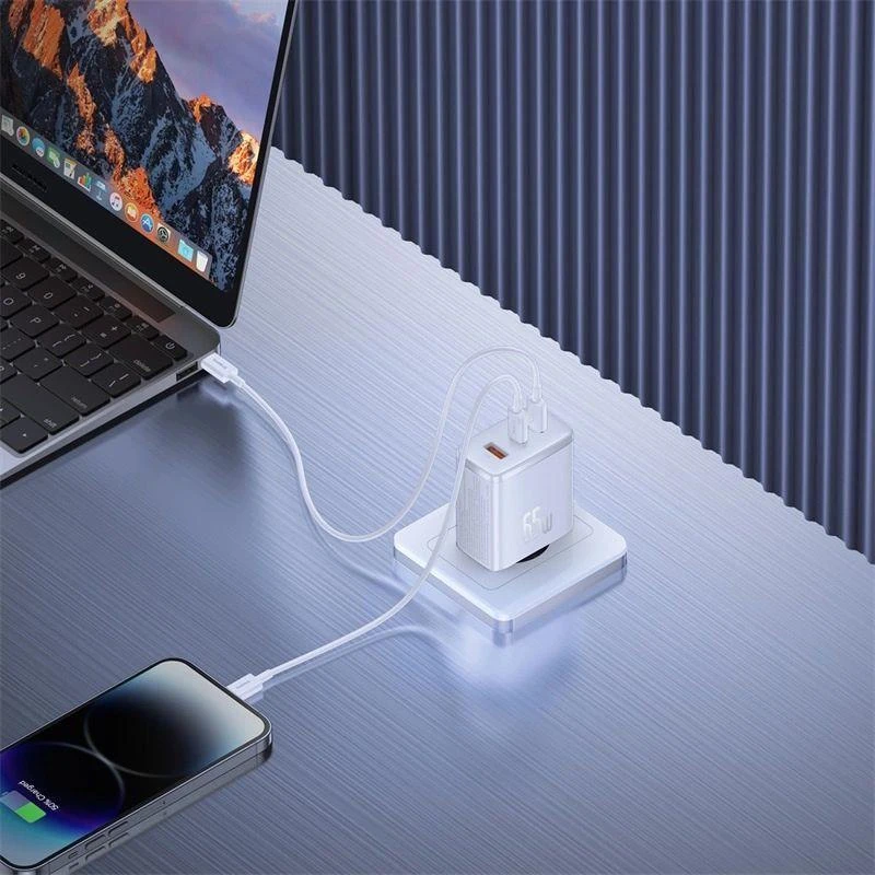 Sieninis įkroviklis Baseus OS-Cube Pro 2xUSB-C + USB, 65W (baltas)