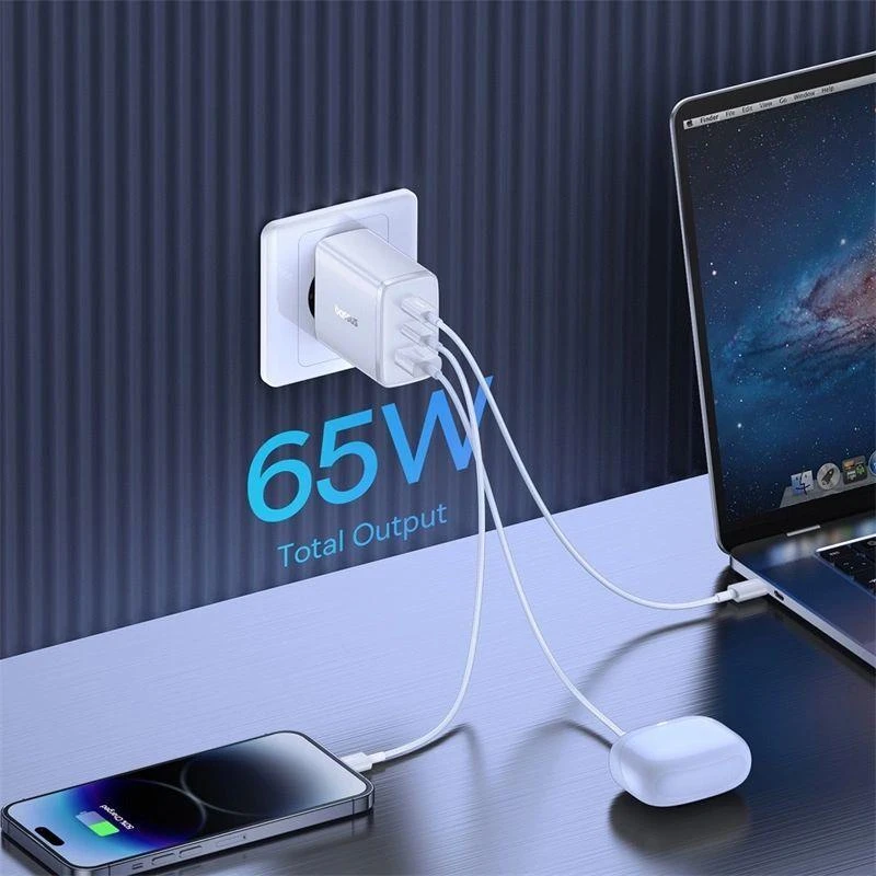 Sieninis įkroviklis Baseus OS-Cube Pro 2xUSB-C + USB, 65W (baltas)