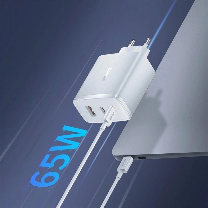 Sieninis įkroviklis Baseus OS-Cube Pro 2xUSB-C + USB, 65W (baltas)