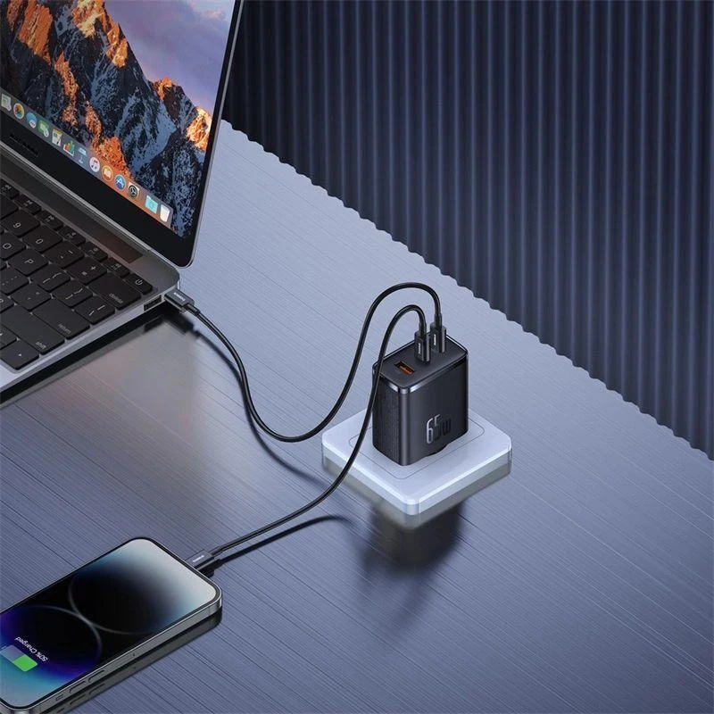 Sieninis įkroviklis Baseus OS-Cube Pro 2xUSB-C + USB, 65W (juodas)