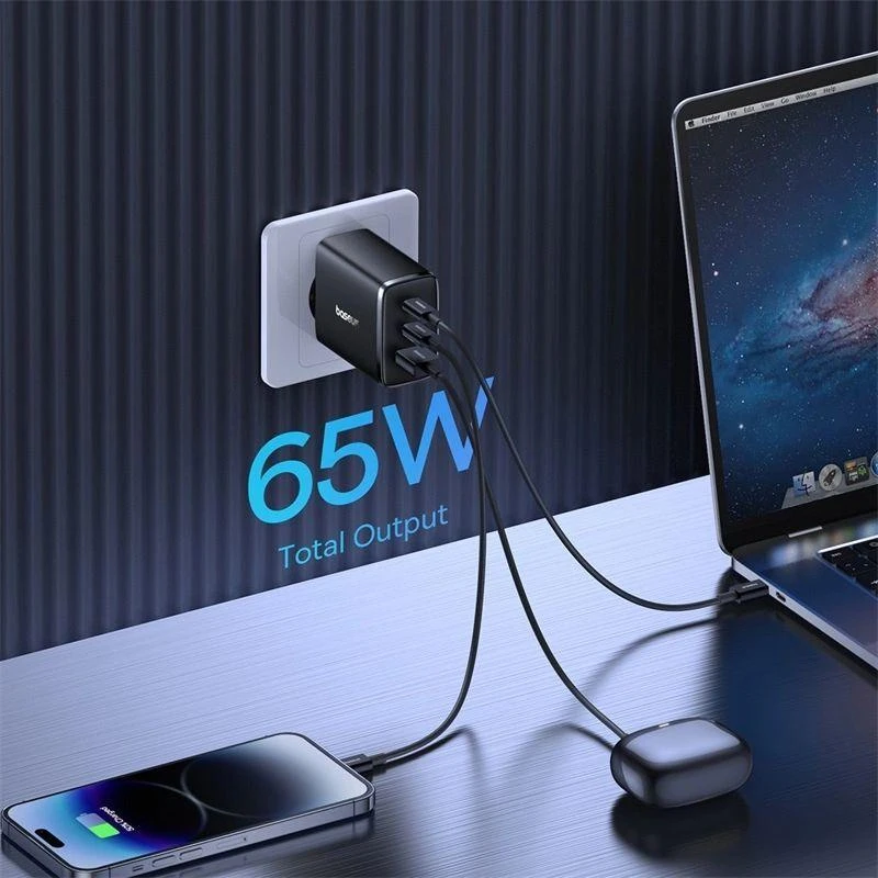 Sieninis įkroviklis Baseus OS-Cube Pro 2xUSB-C + USB, 65W (juodas)