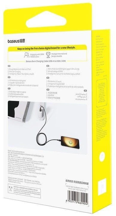 Baseus Dura USB Type A iki Type C 60 W greito įkrovimo laidas 2 m Juodas, Gold