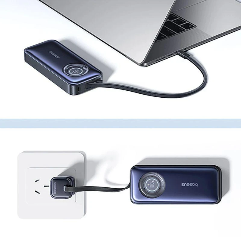 LiPo išorinis akumuliatorius (PowerBank) 20000mAh 67W su sutraukiamu kabeliu EnerCore CR11 BASEUS