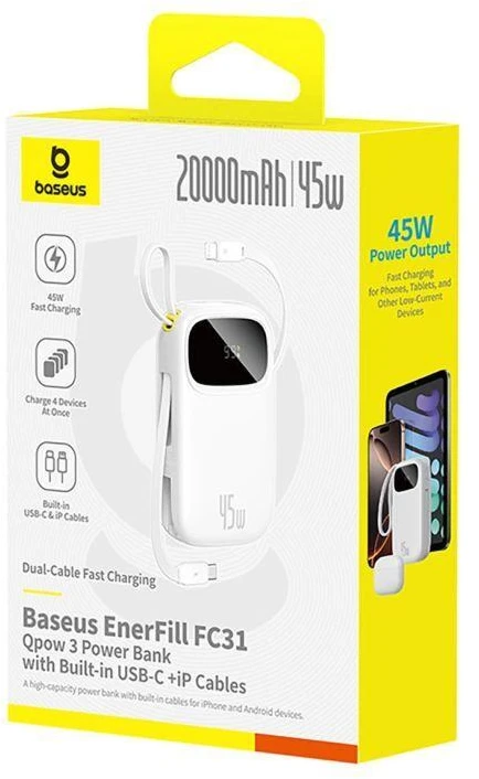 Baseus „EnerFill FC31“ 20000mAh 45W išorinė baterija su skaitmeniniu ekranu ir 2 integruotais laidais (USB-C + „Lightning“) – balta