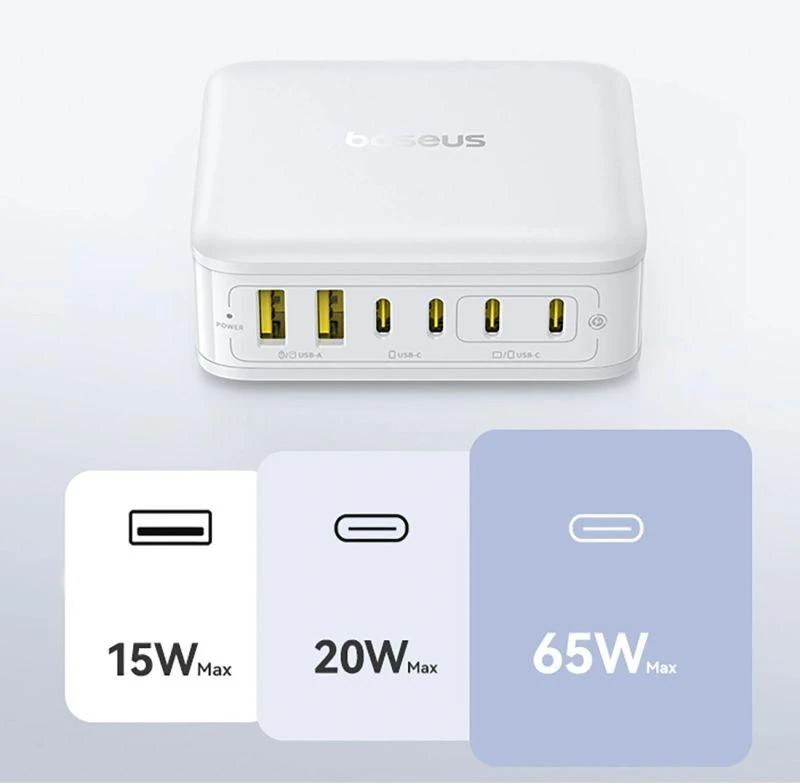 „Baseus EnerFill FH21“ 120 W įkrovimo stotelė, 4xUSB-C + 2xUSB-A - balta