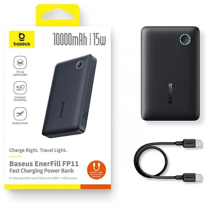 Baseus EnerFill FP11 išorinė baterija (Power Bank) 10000mAh 15W (su juodu Simple USB-C – USB-C 20V/3A 30cm laidu) – juoda