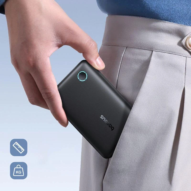 Baseus EnerFill FP11 išorinė baterija (Power Bank) 10000mAh 15W (su juodu Simple USB-C – USB-C 20V/3A 30cm laidu) – juoda