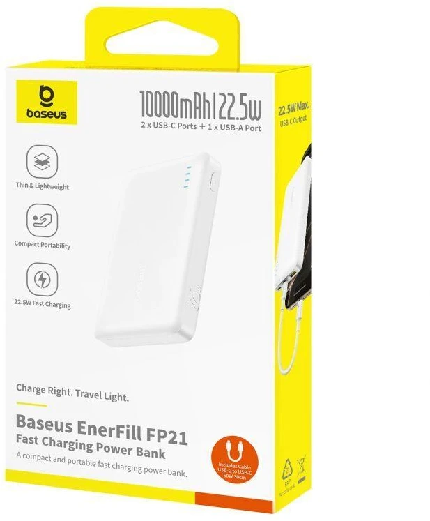 Baseus EnerFill FP21 10000 mAh USB-A USB-C 22.5W balta