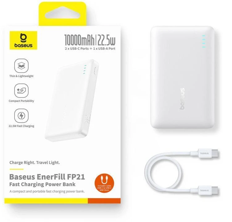 Baseus EnerFill FP21 10000 mAh USB-A USB-C 22.5W balta