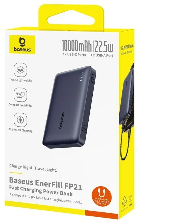 Baseus EnerFill FP21 10000 mAh USB-A USB-C 22.5W juoda