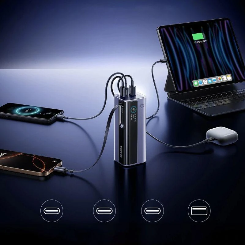 LiPo išorinis akumuliatorius (Powerbank) 20000mAh 145W, su įmontuotu USB-C kabeliu, USB-A, USB-C pilkas EnerGeek GR11 BASEUS
