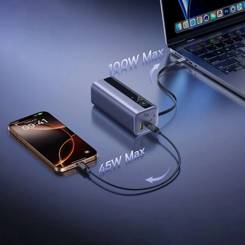 LiPo išorinis akumuliatorius (Powerbank) 20000mAh 145W, su įmontuotu USB-C kabeliu, USB-A, USB-C pilkas EnerGeek GR11 BASEUS