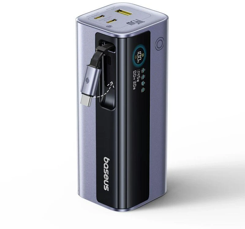 LiPo išorinis akumuliatorius (Powerbank) 20000mAh 145W, su įmontuotu USB-C kabeliu, USB-A, USB-C pilkas EnerGeek GR11 BASEUS