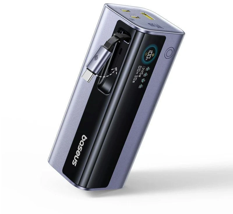 LiPo išorinis akumuliatorius (Powerbank) 20000mAh 145W, su įmontuotu USB-C kabeliu, USB-A, USB-C pilkas EnerGeek GR11 BASEUS