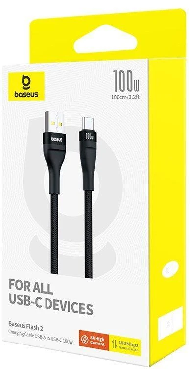 Baseus Flash 2 USB-A / USB-C kabelis 100W 1 m – juodos spalvos