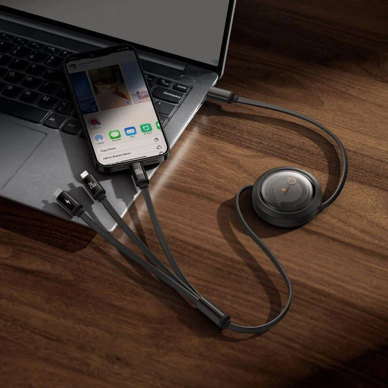 Greito įkrovimo laidas 3in1 Baseus Free2Draw USB-C prie USB-C/Lightning/Micro 100W, 1.1m (juodas)