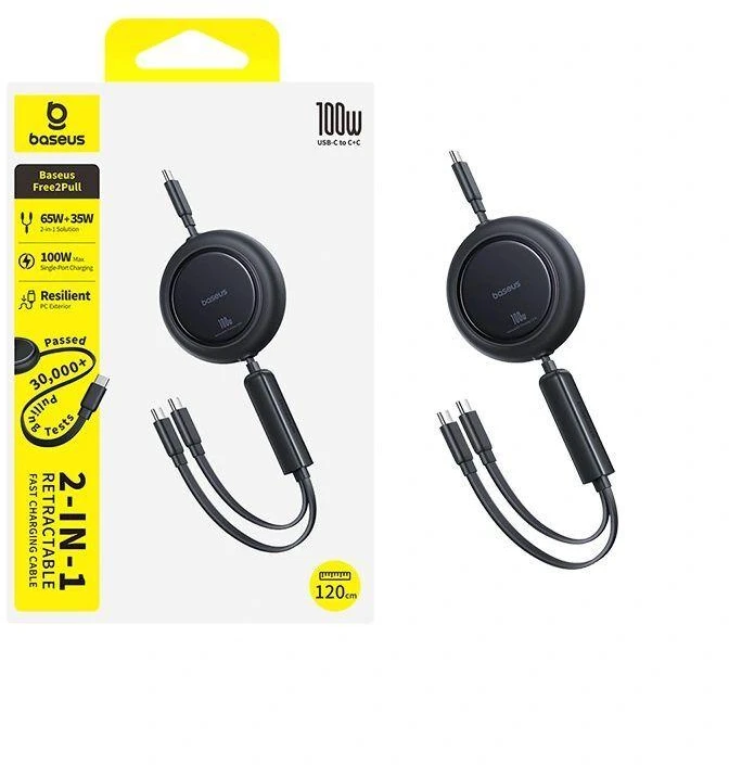 Baseus Free2Pull Mini 100W 3in1 USB-C ištraukiamas laidas – 2xUSB-C 1.2m – juodas