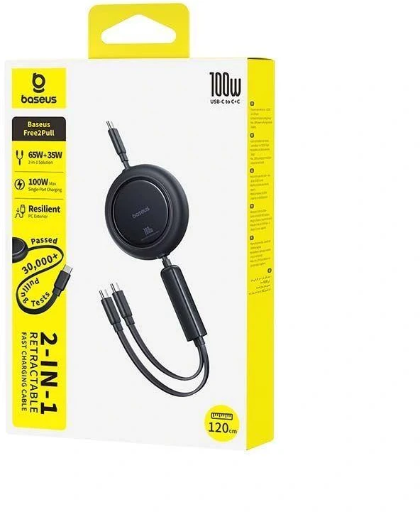 Baseus Free2Pull Mini 100W 3in1 USB-C ištraukiamas laidas – 2xUSB-C 1.2m – juodas