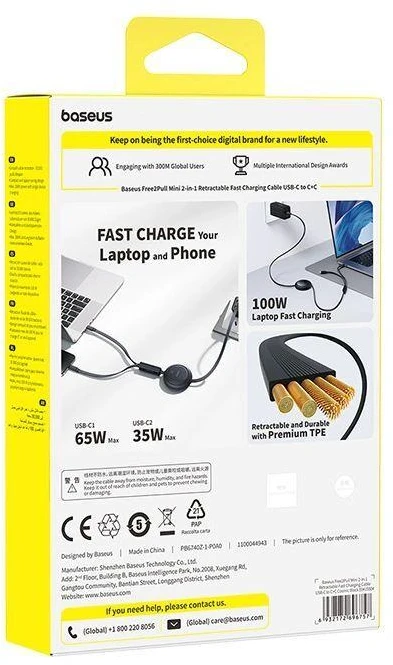Baseus Free2Pull Mini 100W 3in1 USB-C ištraukiamas laidas – 2xUSB-C 1.2m – juodas