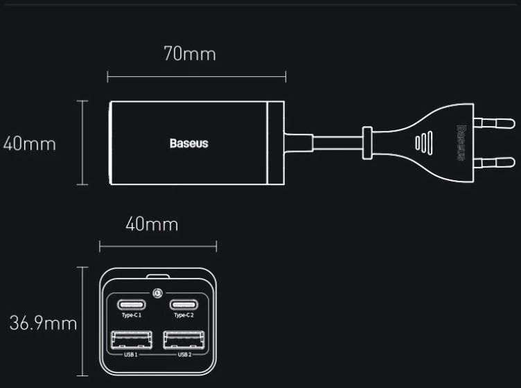Baseus Sieninis įkroviklis GaN3 Pro 65W 2xUSB + 2xUSB-C QC4+ PD3.0 su USB-C 1.5m laidu, juodas