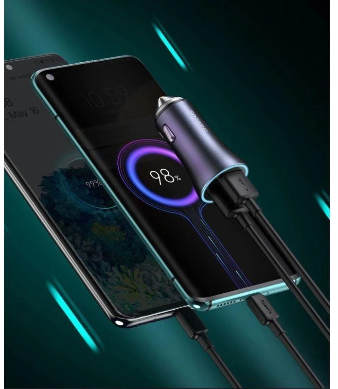 Baseus Automobilinis įkroviklis 40W 12-24V USB + USB-C QC4+ PD3.0 SCP FCP AFC, pilkas