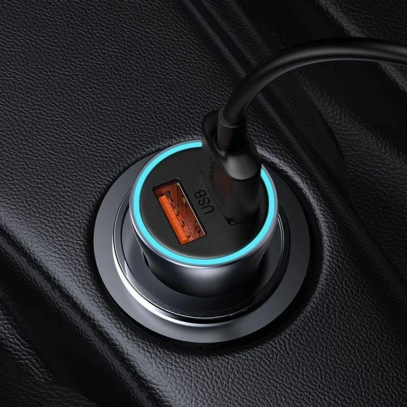 Baseus Automobilinis įkroviklis 40W 12-24V 2xUSB QC4.0 SCP FCP AFC su USB-C 1m laidu, pilkas
