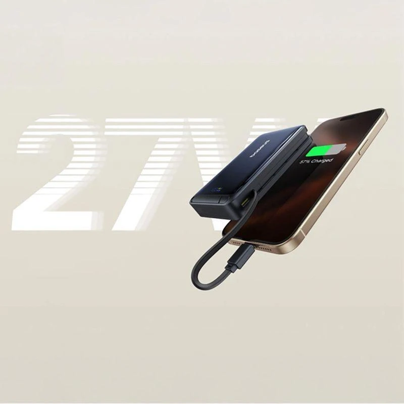 Baseus Nomos 10000mAh 30W Qi2 Power Bank su MagSafe suderinamu stoveliu ir integruotu USB-C kabeliu - juodas