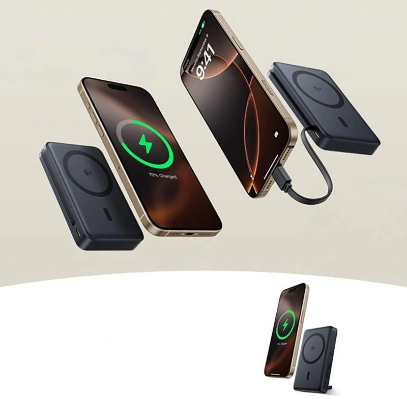 Baseus Nomos 10000mAh 30W Qi2 Power Bank su MagSafe suderinamu stoveliu ir integruotu USB-C kabeliu - juodas